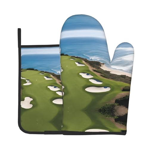 Ofenhandschuhe und Topflappen mit Strand-Golfplatz-Druck, wasserdichte Küchenhandschuhe mit Aufbewahrungsseil für Mikrowelle, Herd und Grillen im Freien von ZWLPNZZD