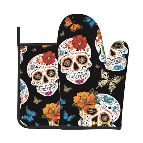 Ofenhandschuhe und Topflappen mit Totenkopf-Motiv, wasserdicht, Küchenhandschuhe mit Aufbewahrungsseil für Mikrowelle, Herd und Grillen im Freien von ZWLPNZZD