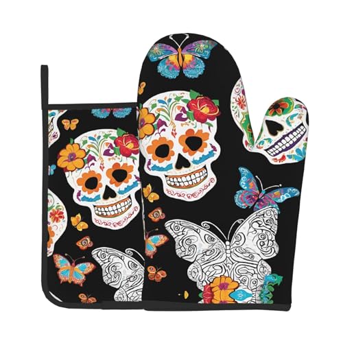Ofenhandschuhe und Topflappen mit Totenkopf-Motiv, wasserdicht, Küchenhandschuhe mit Aufbewahrungsseil für Mikrowelle, Herd und Grillen im Freien von ZWLPNZZD