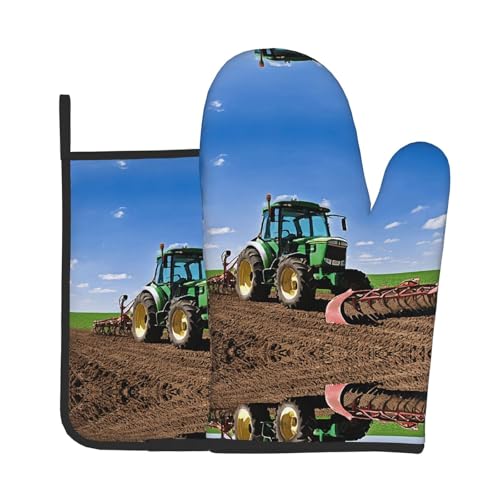 Ofenhandschuhe und Topflappen mit Traktor-Farm-Druck, wasserdichte Küchenhandschuhe mit Aufbewahrungsseil für Mikrowelle, Herd und Grillen im Freien von ZWLPNZZD