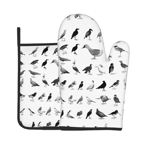 Ofenhandschuhe und Topflappen mit Vogel-Aufdruck, wasserdicht, Küchenhandschuhe mit Aufbewahrungsseil für Mikrowelle, Herd und Grillen im Freien von ZWLPNZZD
