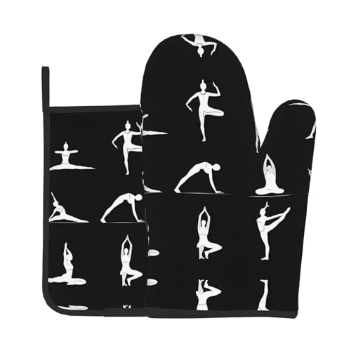 Ofenhandschuhe und Topflappen mit Yoga-Druck, wasserdichte Küchenhandschuhe mit Aufbewahrungsseil für Mikrowelle, Herd und Grillen im Freien von ZWLPNZZD
