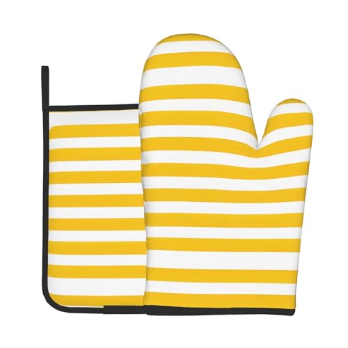 Ofenhandschuhe und Topflappen mit Zitronenschalen-Motiv, mit gelbem Streifenmuster, wasserdicht, Küchenhandschuhe mit Aufbewahrungsseil für Mikrowelle, Herd und Grillen im Freien von ZWLPNZZD
