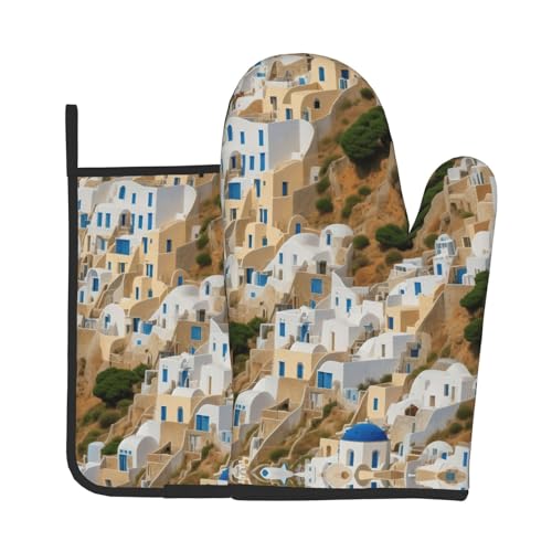 Ofenhandschuhe und Topflappen mit griechischem Architekturdruck, wasserdichte Küchenhandschuhe mit Aufbewahrungsseil für Mikrowelle, Herd und Grillen im Freien von ZWLPNZZD