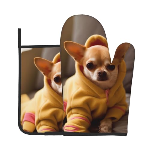 Ofenhandschuhe und Topflappen mit niedlichem Chihuahua-Druck, wasserdichte Küchenhandschuhe mit Aufbewahrungsseil für Mikrowelle, Herd und Grillen im Freien von ZWLPNZZD