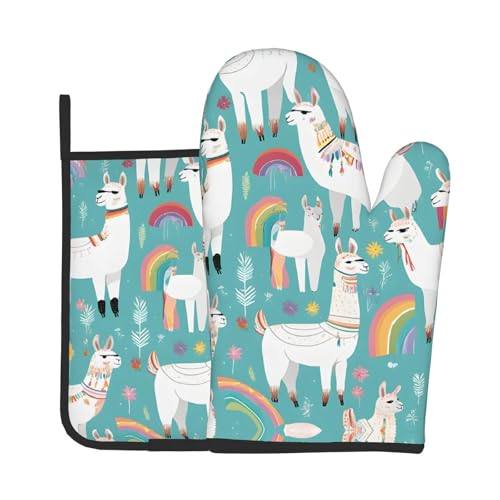 Ofenhandschuhe und Topflappen mit niedlichem Lama-Druck, wasserdichte Küchenhandschuhe mit Aufbewahrungsseil für Mikrowelle, Herd und Grillen im Freien von ZWLPNZZD