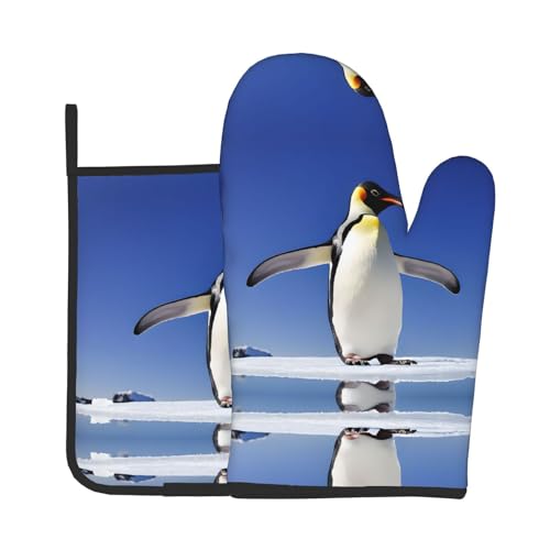 Ofenhandschuhe und Topflappen mit niedlichem Pinguin-Druck, wasserdichte Küchenhandschuhe mit Aufbewahrungsseil für Mikrowelle, Herd und Grillen im Freien von ZWLPNZZD