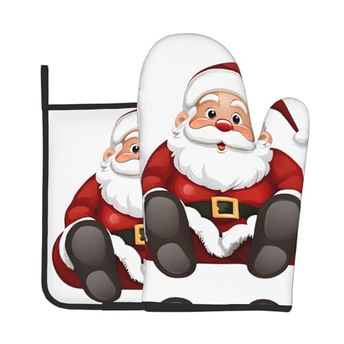 Ofenhandschuhe und Topflappen mit niedlichem Weihnachtsmann-Druck, wasserdichte Küchenhandschuhe mit Aufbewahrungsseil für Mikrowelle, Herd und Grillen im Freien von ZWLPNZZD