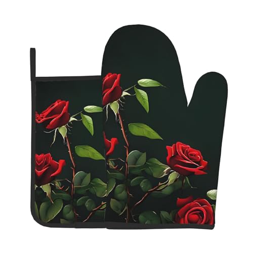 Ofenhandschuhe und Topflappen mit rotem Rosen-Druck, wasserdichte Küchenhandschuhe mit Aufbewahrungsseil für Mikrowelle, Herd und Grillen im Freien von ZWLPNZZD