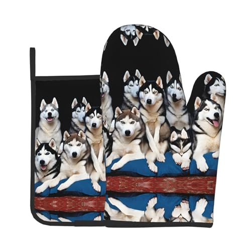 Ofenhandschuhe und Topflappen mit schönem Husky-Druck, wasserdichte Küchenhandschuhe mit Aufbewahrungsseil für Mikrowelle, Herd und Grillen im Freien von ZWLPNZZD