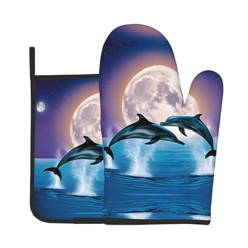 Ofenhandschuhe und Topflappen mit süßem Delfin-Druck, wasserdichte Küchenhandschuhe mit Aufbewahrungsseil für Mikrowelle, Herd und Grillen im Freien von ZWLPNZZD