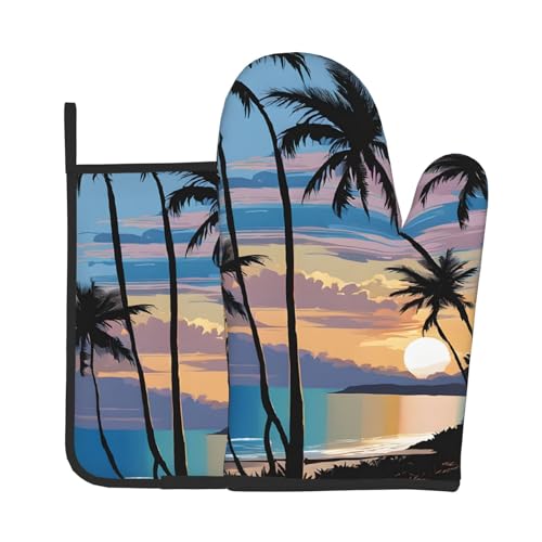 Ofenhandschuhe und Topflappen mit tropischem Sonnenuntergang-Druck, wasserdichte Küchenhandschuhe mit Aufbewahrungsseil für Mikrowelle, Herd und Grillen im Freien von ZWLPNZZD