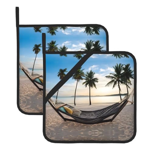 Paradise Beach mit Hängematte, Kokospalmen bedruckt, Topflappen-Set, hitzebeständig und wasserdicht, Küchenhandschuhe mit Aufbewahrungsseil für Mikrowelle, Herd und Grillen im Freien Paradise Beach mit Hängematte, Kokospalmen bedruckt, Topflappen-Set, hitzebeständig und wasserdicht, Küchenhandschuhe mit Aufbewahrungsseil für Mikrowelle, Herd und Grillen im Freien von ZWLPNZZD