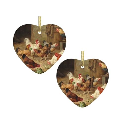Roast Chicken Hen Farm Print Weihnachten Keramik hängende Herzform Ornamente für Weihnachtsbaum, Kamin, Treppe, Wohnzimmer, Schneemann Dekoration von ZWLPNZZD