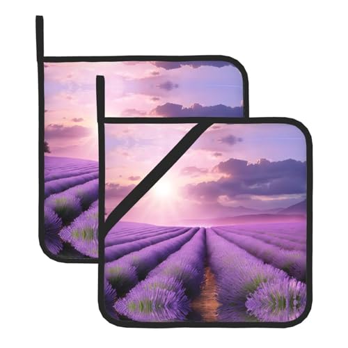 Romantische Topflappen-Sets mit Lavendel-Druck, hitzebeständig und wasserdicht, Küchenhandschuhe mit Aufbewahrungsseil für Mikrowelle, Herd und Grillen im Freien von ZWLPNZZD