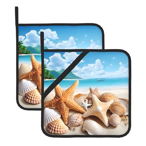 Seashell Topflappen-Set, hitzebeständige und wasserdichte Küchenhandschuhe mit Aufbewahrungsseil für Mikrowelle, Herd und Grillen im Freien von ZWLPNZZD
