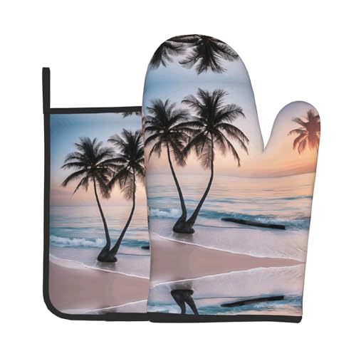 Sunrise Ofenhandschuhe und Topflappen, tropische Palmeninsel-Druck, wasserdichte Küchenhandschuhe mit Aufbewahrungsseil für Mikrowelle, Herd und Grillen im Freien von ZWLPNZZD