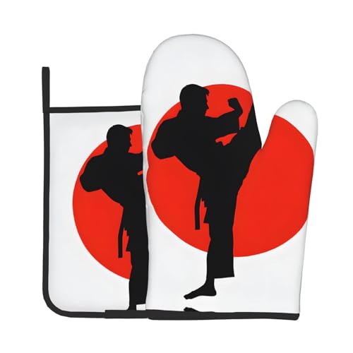 Taekwondo-Design-Druck-Ofenhandschuhe und Topflappen-Set, wasserdichte Küchenhandschuhe mit Aufbewahrungsseil für Mikrowelle, Herd und Grillen im Freien von ZWLPNZZD