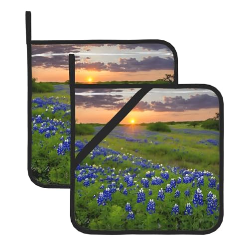 Texas Bluebonnets Topflappen-Set, hitzebeständige und wasserdichte Küchenhandschuhe mit Aufbewahrungsseil für Mikrowelle, Herd und Grillen im Freien von ZWLPNZZD