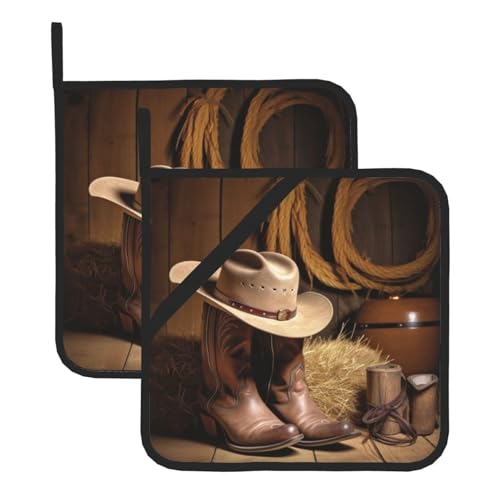 Topflappen-Set, Cowboyhut, Westernstiefel, hitzebeständige und wasserdichte Küchenhandschuhe mit Aufbewahrungsseil für Mikrowelle, Herd und Grillen im Freien von ZWLPNZZD