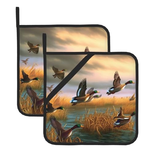 Topflappen-Set, Motiv: Jagd, fliegende Wildenten, hitzebeständige und wasserdichte Küchenhandschuhe mit Aufbewahrungsseil für Mikrowelle, Herd und Grillen im Freien von ZWLPNZZD