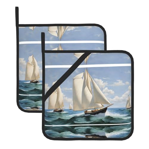 Topflappen-Set, Motiv: Segelboot, Schiff, Landschaft, hitzebeständige und wasserdichte Küchenhandschuhe mit Aufbewahrungsseil für Mikrowelle, Herd und Grillen im Freien von ZWLPNZZD