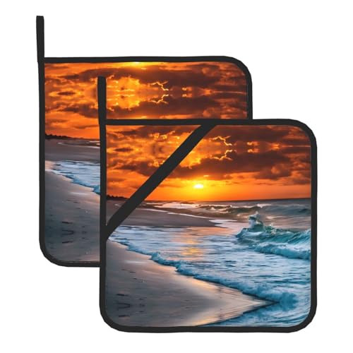 Topflappen-Set, Motiv: Strand mit Sonnenuntergang, hitzebeständige und wasserdichte Küchenhandschuhe mit Aufbewahrungsseil für Mikrowelle, Herd und Grillen im Freien von ZWLPNZZD