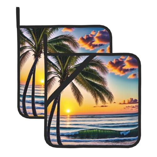 Topflappen-Set, Motiv: Strandpalmen, Sonnenuntergang, hitzebeständige und wasserdichte Küchenhandschuhe mit Aufbewahrungsseil für Mikrowelle, Herd und Grillen im Freien von ZWLPNZZD