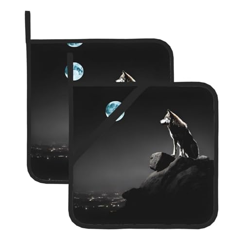 Topflappen-Set, Motiv: Wolf, Nacht, Mond, hitzebeständige und wasserdichte Küchenhandschuhe mit Aufbewahrungsseil für Mikrowelle, Herd und Grillen im Freien von ZWLPNZZD
