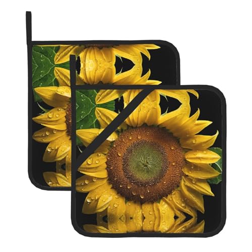 Topflappen-Set, Motiv: orangefarbene Sonnenblumen, hitzebeständige und wasserdichte Küchenhandschuhe mit Aufbewahrungsseil für Mikrowelle, Herd und Grillen im Freien von ZWLPNZZD