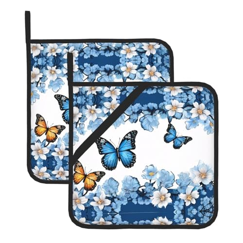 Topflappen-Set, blaue Schmetterlinge, weiße Blumen, hitzebeständige und wasserdichte Küchenhandschuhe mit Aufbewahrungsseil für Mikrowelle, Herd und Grillen im Freien von ZWLPNZZD