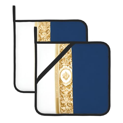 Topflappen-Set, hitzebeständige und wasserdichte Küchenhandschuhe mit Aufbewahrungsseil für Mikrowelle, Herd und Grillen im Freien, goldfarben / Blau / Weiß von ZWLPNZZD