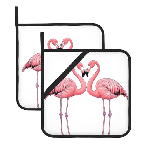 Topflappen-Sets mit Flamingodruck, hitzebeständige und wasserdichte Küchenhandschuhe mit Aufbewahrungsseil für Mikrowelle, Herd und Grillen im Freien von ZWLPNZZD