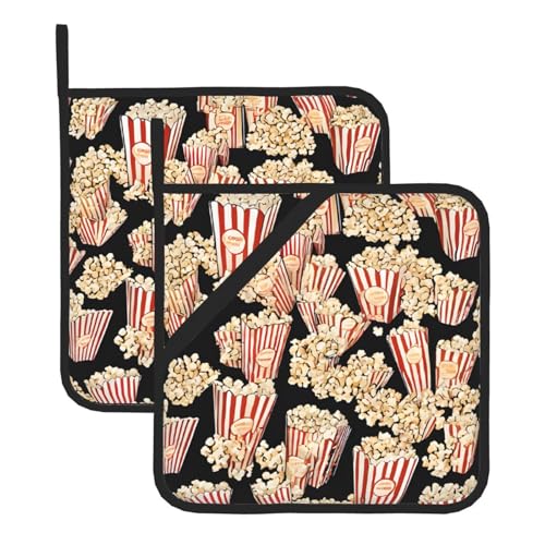Topflappen-Sets mit Popcorn-Druck, hitzebeständig und wasserdicht, Küchenhandschuhe mit Aufbewahrungsseil für Mikrowelle, Herd und Grillen im Freien von ZWLPNZZD