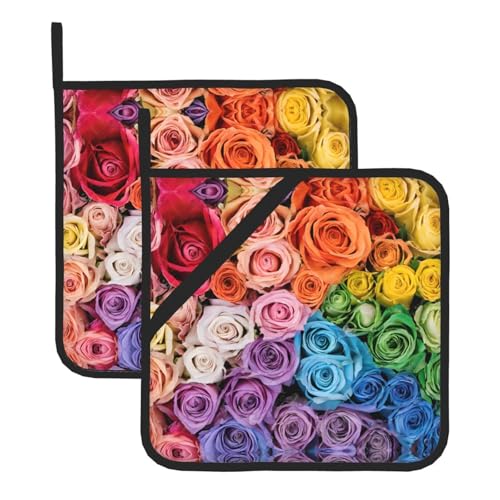Topflappen-Sets mit Regenbogen-Blumendruck, hitzebeständig und wasserdicht, Küchenhandschuhe mit Aufbewahrungsseil für Mikrowelle, Herd und Grillen im Freien von ZWLPNZZD