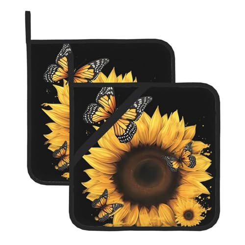 Topflappen-Sets mit Schmetterlings- und Sonnenblumen-Druck, hitzebeständig und wasserdicht, Küchenhandschuhe mit Aufbewahrungsseil für Mikrowelle, Herd und Grillen im Freien von ZWLPNZZD