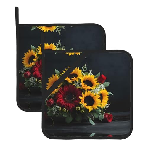 Topflappen-Sets mit Sonnenblumen- und Rosen-Druck, hitzebeständig und wasserdicht, Küchenhandschuhe mit Aufbewahrungsseil für Mikrowelle, Herd und Grillen im Freien von ZWLPNZZD