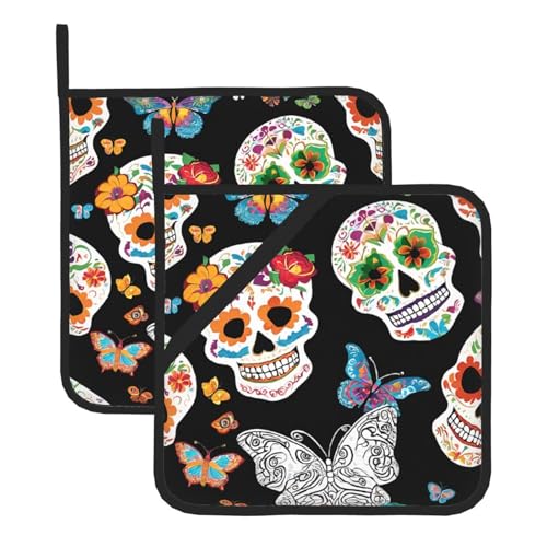 Topflappen-Sets mit Totenkopf-Motiv, hitzebeständig und wasserdicht, Küchenhandschuhe mit Aufbewahrungsseil für Mikrowelle, Herd und Grillen im Freien von ZWLPNZZD
