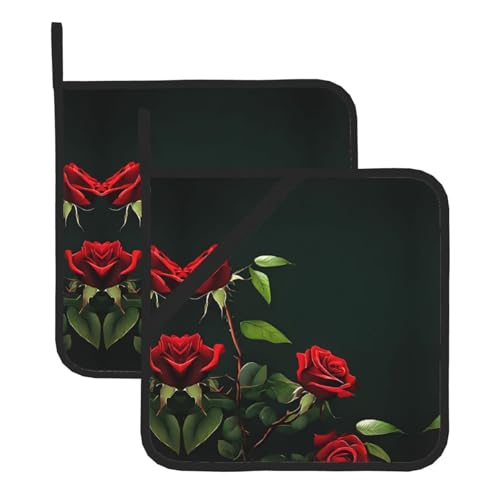 Topflappen-Sets mit roten Rosen, hitzebeständige und wasserdichte Küchenhandschuhe mit Aufbewahrungsseil für Mikrowelle, Herd und Grillen im Freien von ZWLPNZZD