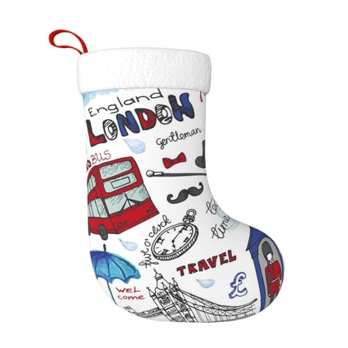 ZWLPNZZD Weihnachtsstrumpf mit London-Druck, 45,7 cm, weiche Plüsch-Manschetten, Strümpfe für Urlaub, Party, Weihnachten, Neujahr, Halloween-Dekoration von ZWLPNZZD