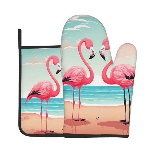 Zwei Ofenhandschuhe und Topflappen mit Flamingo-Druck, wasserdichte Küchenhandschuhe mit Aufbewahrungsseil für Mikrowelle, Herd und Grillen im Freien von ZWLPNZZD