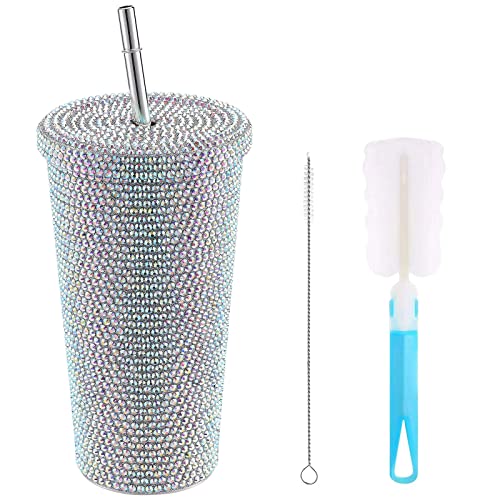 ZWMBYN Bling Nieten Tasse Glitzer Becher mit Deckel und Strohhalm, 480 ml Bling Wasserflasche Strass Thermobecher Edelstahl Diamant Tumbler Strohhalm Becher Glitzernde Kaffeebecher für Frauen, bunt von ZWMBYN