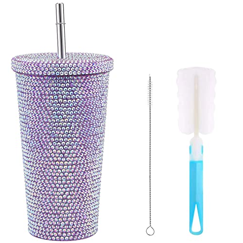 ZWMBYN Diamant-Isolierbecher, Glitterbecher mit Deckel und Strohhalm, 480 ml Reisebecher Edelstahl-Diamant-Glasbecher Strohbecher Kaffeebecher Frau violett von ZWMBYN