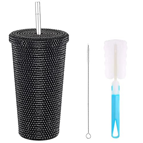 ZWMBYN Bling Nieten Tasse Glitzer Becher mit Deckel und Strohhalm, 480 ml Bling Wasserflasche Strass Thermobecher Edelstahl Diamant Tumbler Strohhalm Tasse Glitzernde Kaffeebecher für Frauen Schwarz von ZWMBYN