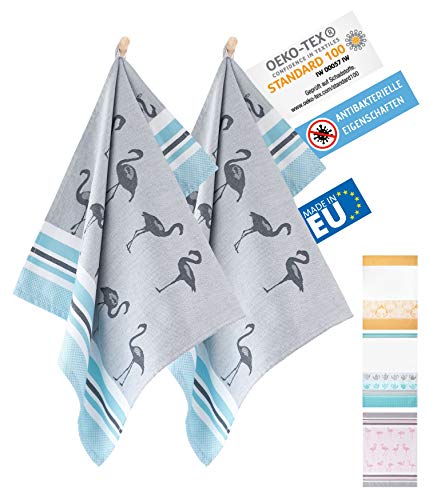 ZWOLTEX Antimikrobiale Jacquard Geschirrtücher aus Ägyptischer Baumwolle und Bambus I Made IN EU I Oeko-TEX 100 I Gewebte Küchentücher - 2X Geschirrhandtücher mit Motiv Flamingo Graphit von ZWOLTEX