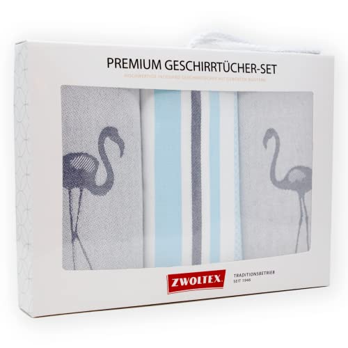 ZWOLTEX Geschirrtücher Geschenkset aus 100% Baumwolle I Made IN EU I Oeko-TEX® 100 I Gewebte Geschirrhandtücher - Küchentücher 70x50 (Geschenkset (3X Küchentuch), Flamingo (Grün)) von ZWOLTEX