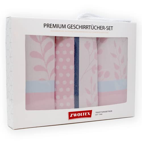 ZWOLTEX Geschirrtücher Geschenkset aus 100% Baumwolle I Made IN EU I Oeko-TEX® 100 I Gewebte Geschirrhandtücher - Küchentücher 70x50 (Geschenkset (3X Küchentuch), Flora (Rosa) von ZWOLTEX