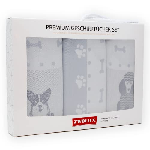 ZWOLTEX Geschirrtücher Geschenkset aus 100% Baumwolle I Made IN EU I Oeko-TEX® 100 I Gewebte Geschirrhandtücher - Küchentücher 70x50 (Geschenkset (3X Küchentuch), Hunde (Grau) von ZWOLTEX