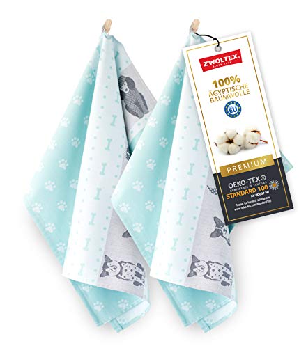 ZWOLTEX Hochwertige Geschirrtücher aus 100% Ägyptischer Baumwolle I Made IN EU I Oeko-TEX 100 I Jacquard Küchentücher - 2X Geschirrhandtücher mit Motiv Hunde Mint-Blau von ZWOLTEX