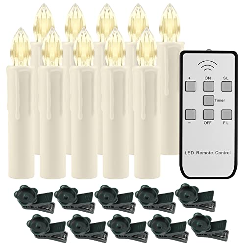 ZWOOS 10 Stück LED Kerzen mit Klemme für Weihnachtsbaum, Dimmbar LED Stabkerzen mit Fernbedienung, Timer für Weihnachtsdeko, Party, Hochzeit von ZWOOS